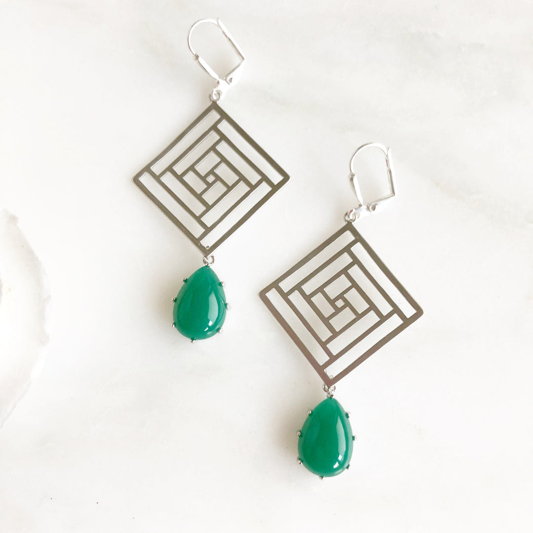 Silver Statement Earrings with Green Stones. Geometric Earrings.