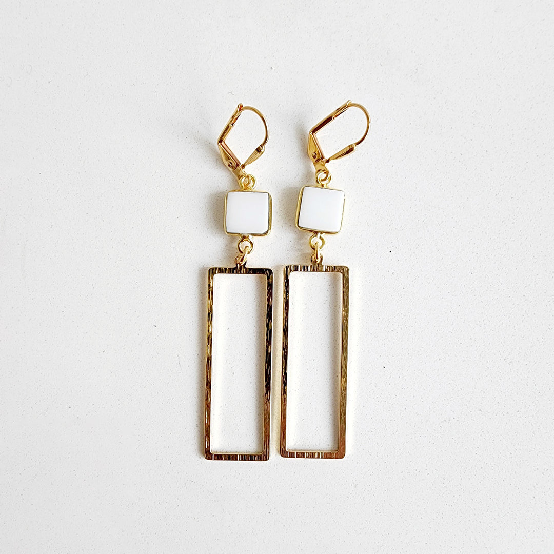 White Agate Open Rectangle Earrings in Brushed Brass Gold