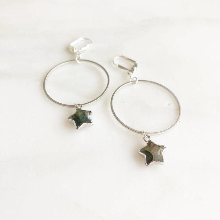 Hoop Earrings with Star Drops. Labradorite Star and Silver Hoop Earrings. Dangle Earrings