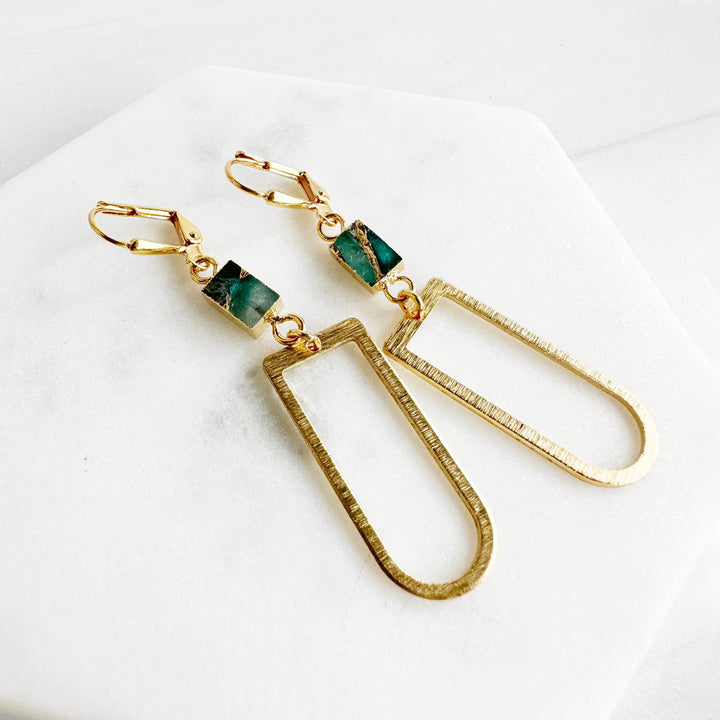 Teal Mojave and Horseshoe Dangle Earrings in Brushed Brass Gold