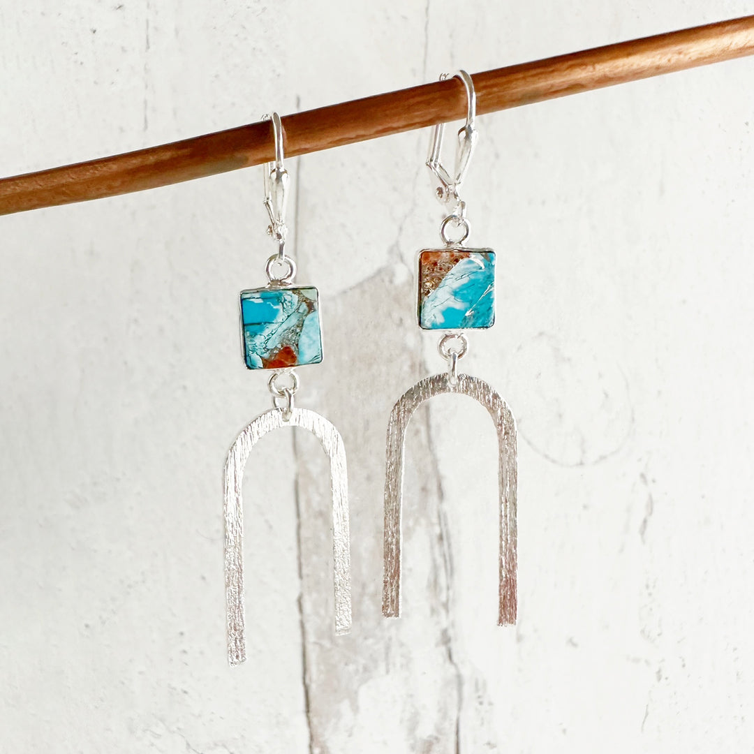 Turquoise and Orange Mojave and Horseshoe Dangle Earrings in Brushed Silver
