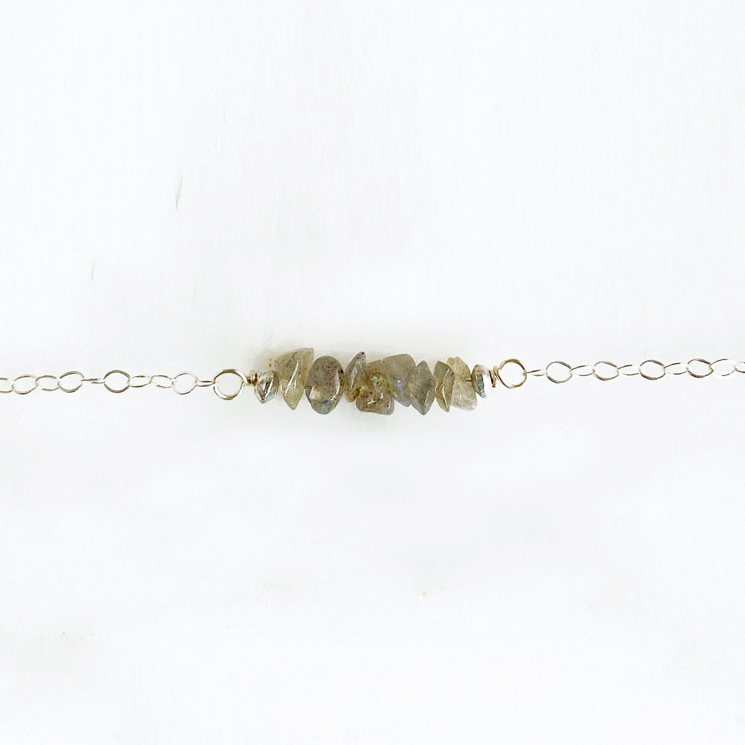 Simple Raw Stone Necklace. Dainty Chip Beaded Bar Necklace in Sterling Silver, Gold or Rose Gold