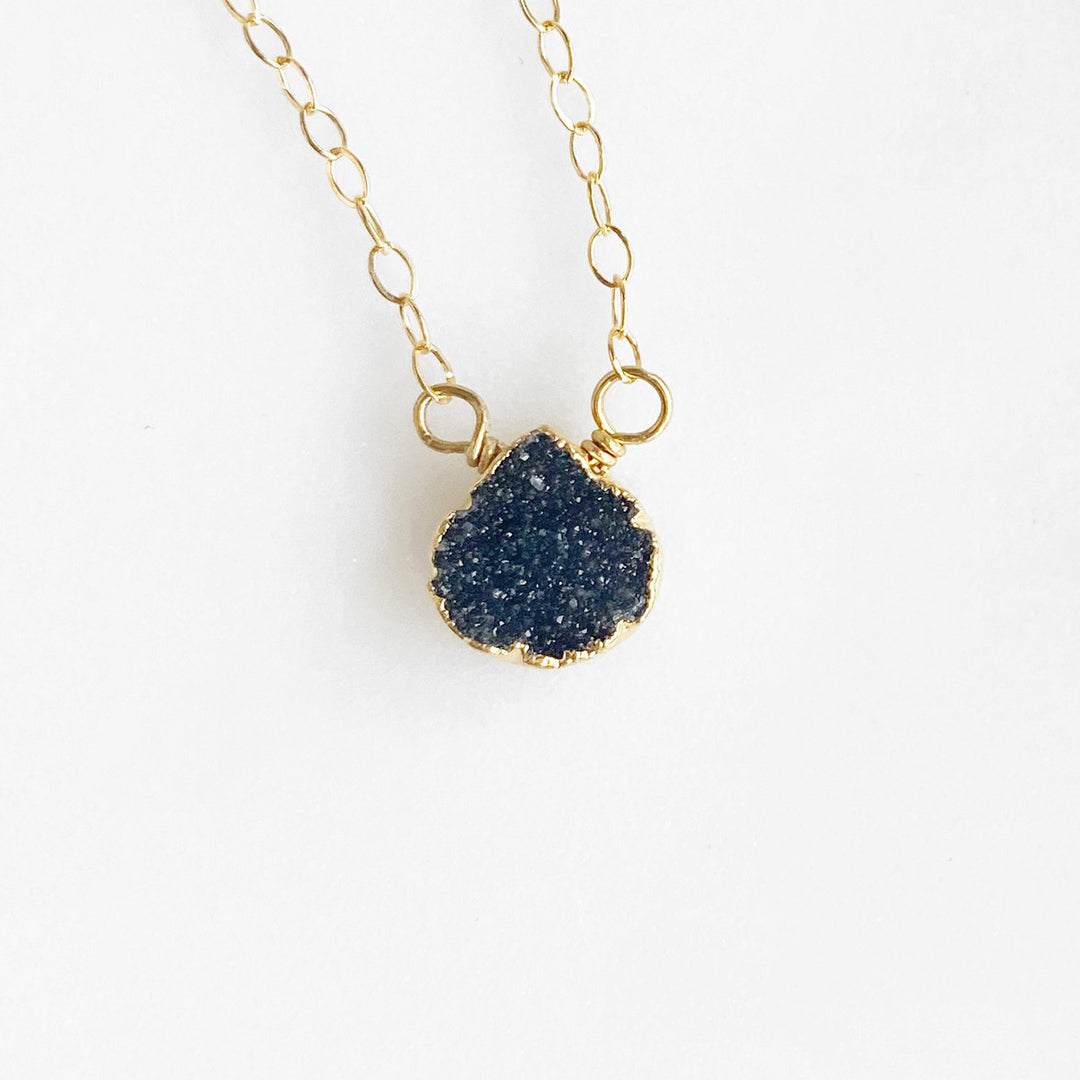 Tiny Druzy Heart Teardrop Short Necklace in Gold. Blue Black Pink Aqua Neutral
