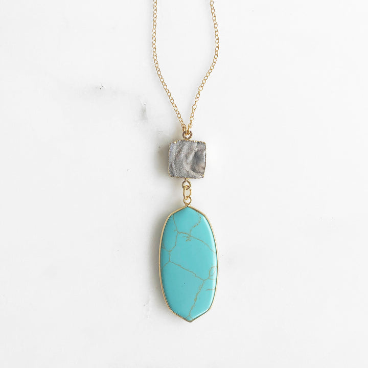 Long Bezel Stone Pendant Necklace with Sparkly Grey Druzy
