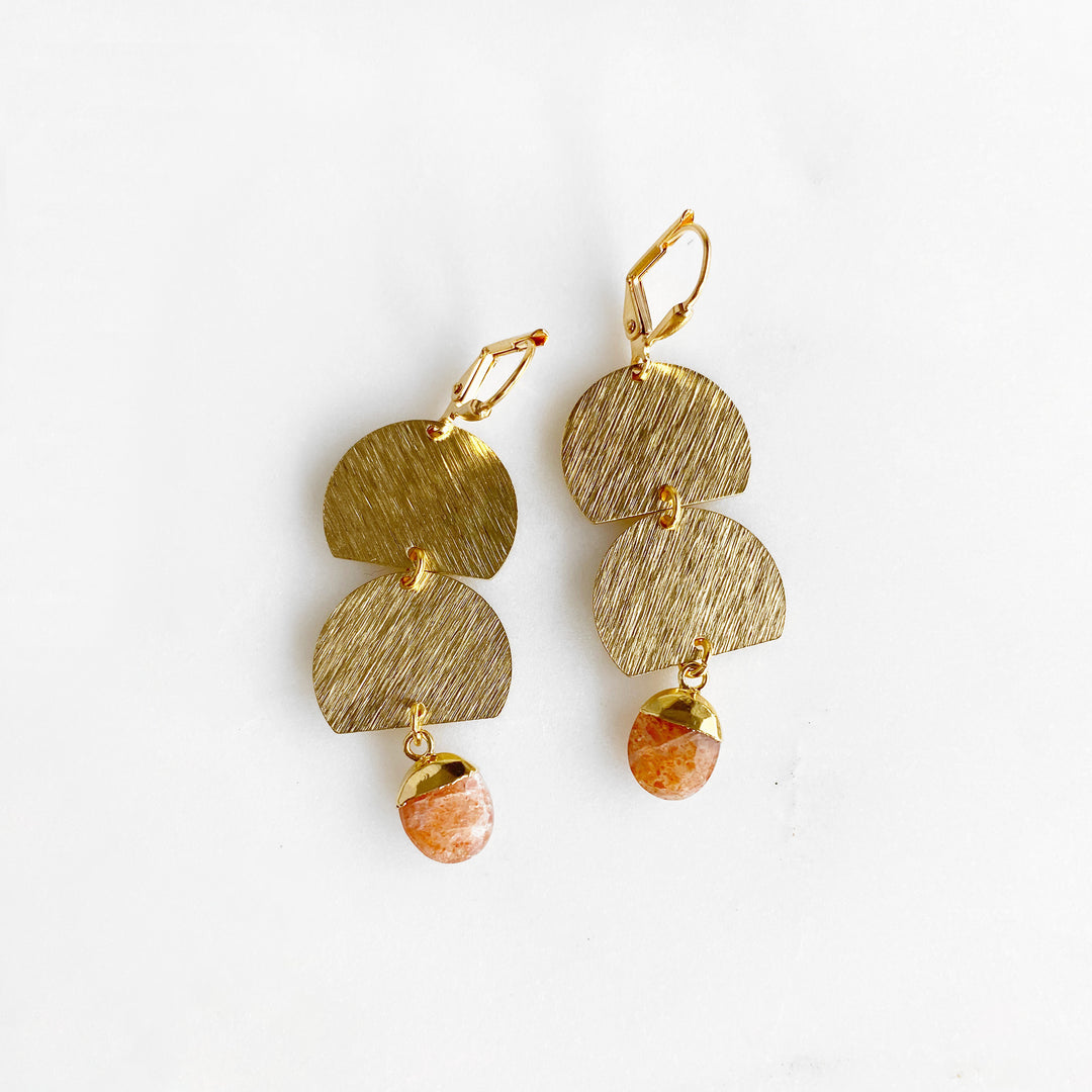 Gemstone Geometric Dangle Earrings in Brushed Brass Gold