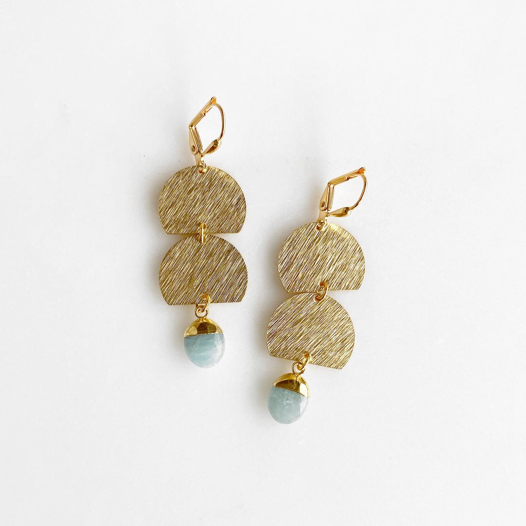 Gemstone Geometric Dangle Earrings in Brushed Brass Gold