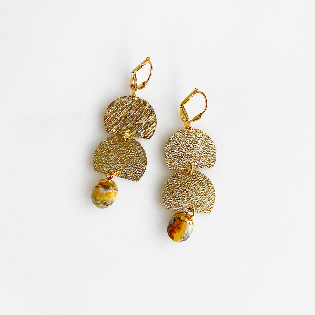 Gemstone Geometric Dangle Earrings in Brushed Brass Gold