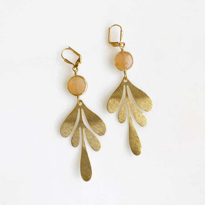 Gold Long Leaf Earrings with Gemstone Bezels