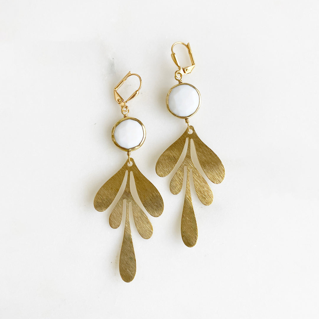 Gold Long Leaf Earrings with Gemstone Bezels