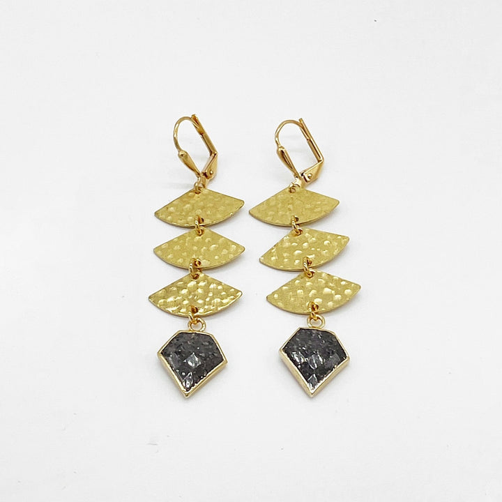 Black Shield Stone Fan Dangle Earrings in Hammered Brass Gold