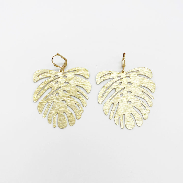 Monstera Dangle Statement Earrings in Brushed Brass Gold