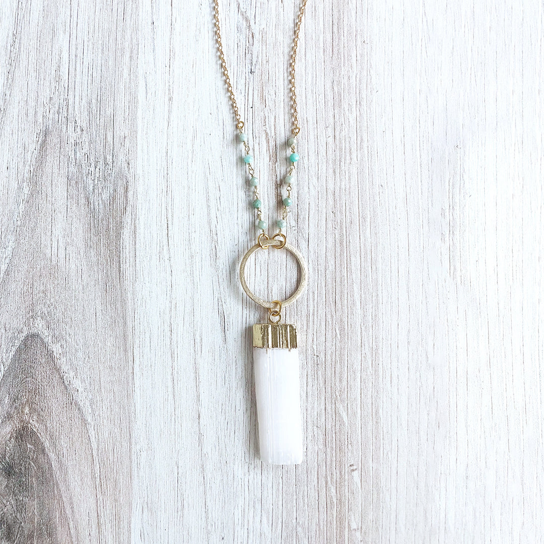 Long Selenite Pendant Necklace in Gold with Amazonite Beading. OOAK Necklace