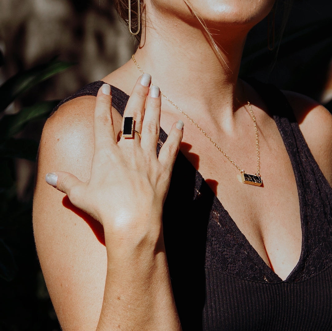 Black Onyx Rectangle Bar Statement Ring in Gold and Silver