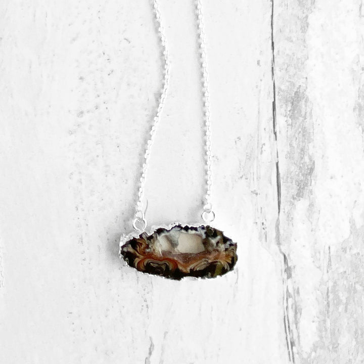 Black Brown Geode Slice Necklace in Sterling Silver