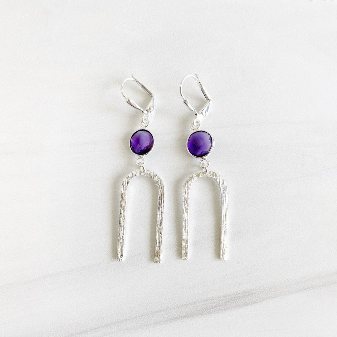 Purple Stone and Horseshoe Dangle Earrings in Brushed Silver