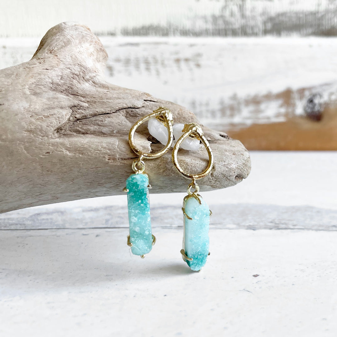 Teal Druzy Point Hoop Earrings in Gold