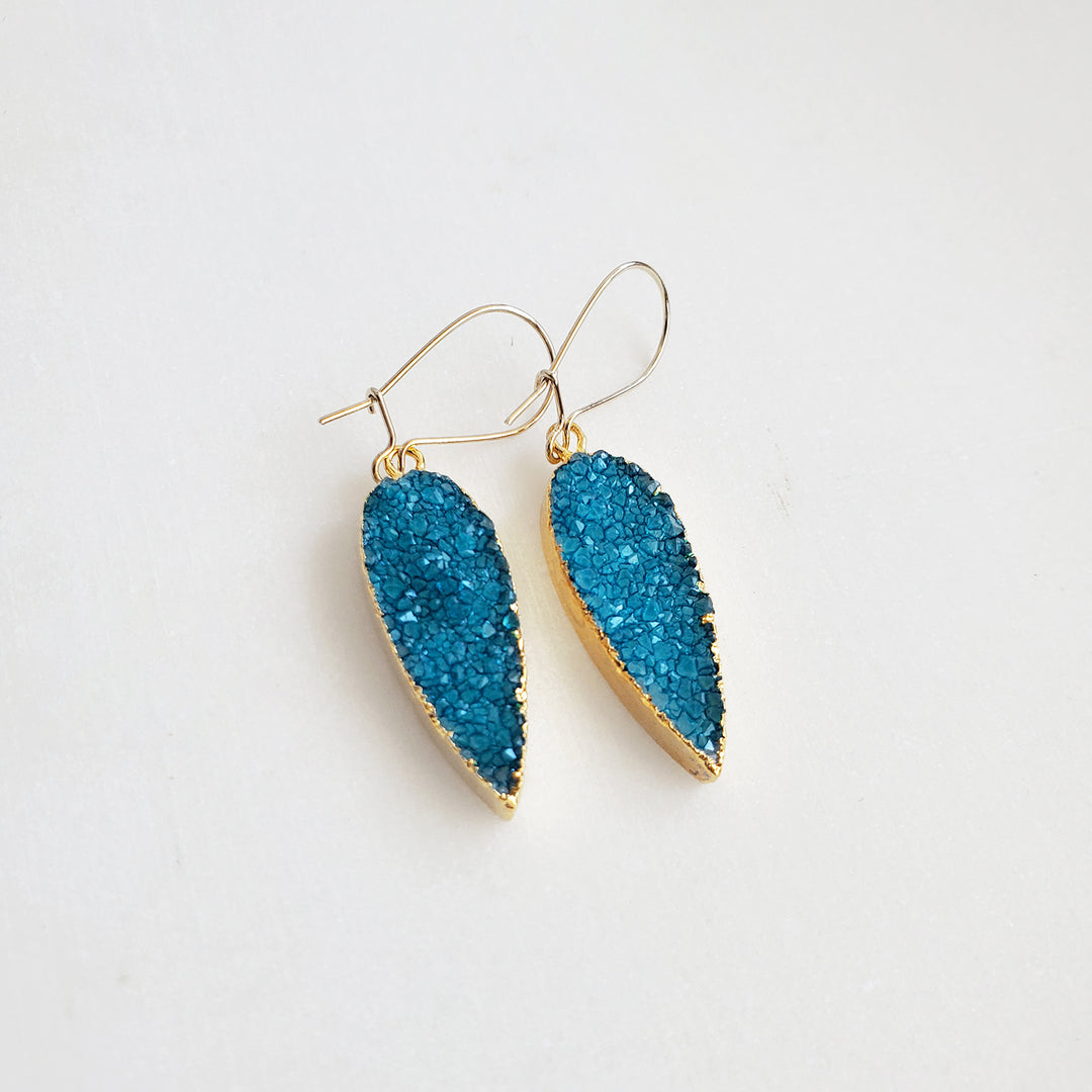 Sky Blue Druzy Teardrop Dangle Earrings Gold & Silver