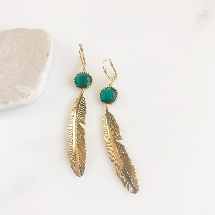 Gold Leaf Earrings with Emerald Green Stones. Long Gold Fashion Earrings. Leaf Earrings. Leaf Earrings. Big Earrings. Jewelry.