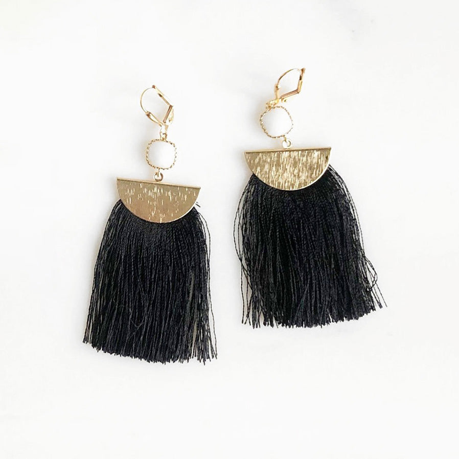 Shop Gold toned black tassel hoop earrings with black stone Online