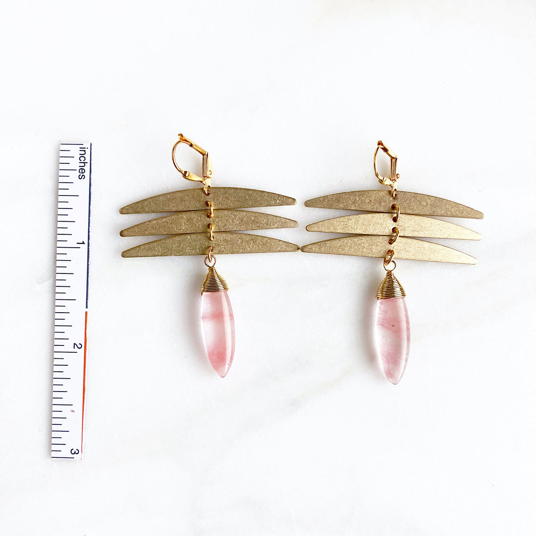 Dragonfly and Cherry Quartz Statement Earrings in Gold. Gold Dangle Earrings