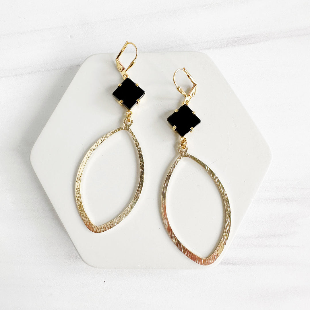 Black Onyx Prong and Marquise Statement Earrings in Brushed Brass Gold