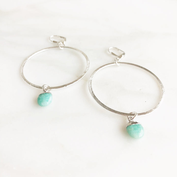Silver Hoop Earrings with Amazonite Drops. Silver Statement Earrings. Dangle Earrings