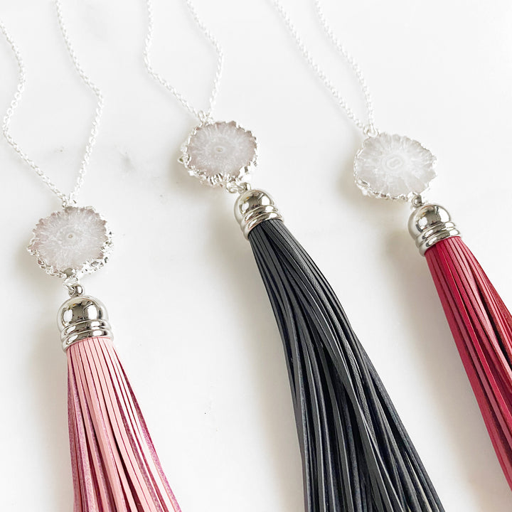 Long Colorful Tassel Necklace in Sterling Silver with Solar Quartz
