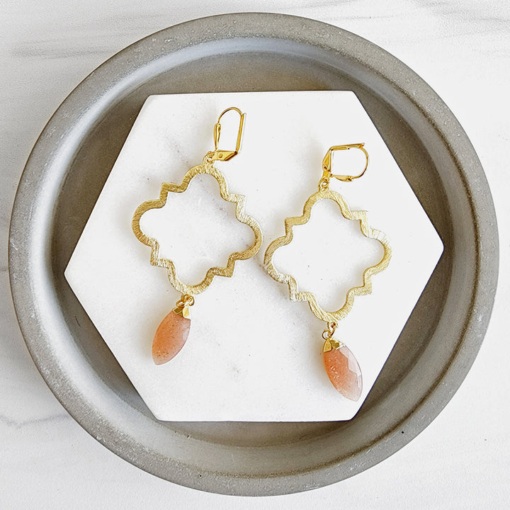 Quatrefoil Fashion Earrings with Marquise Stone in Brushed Brass Gold