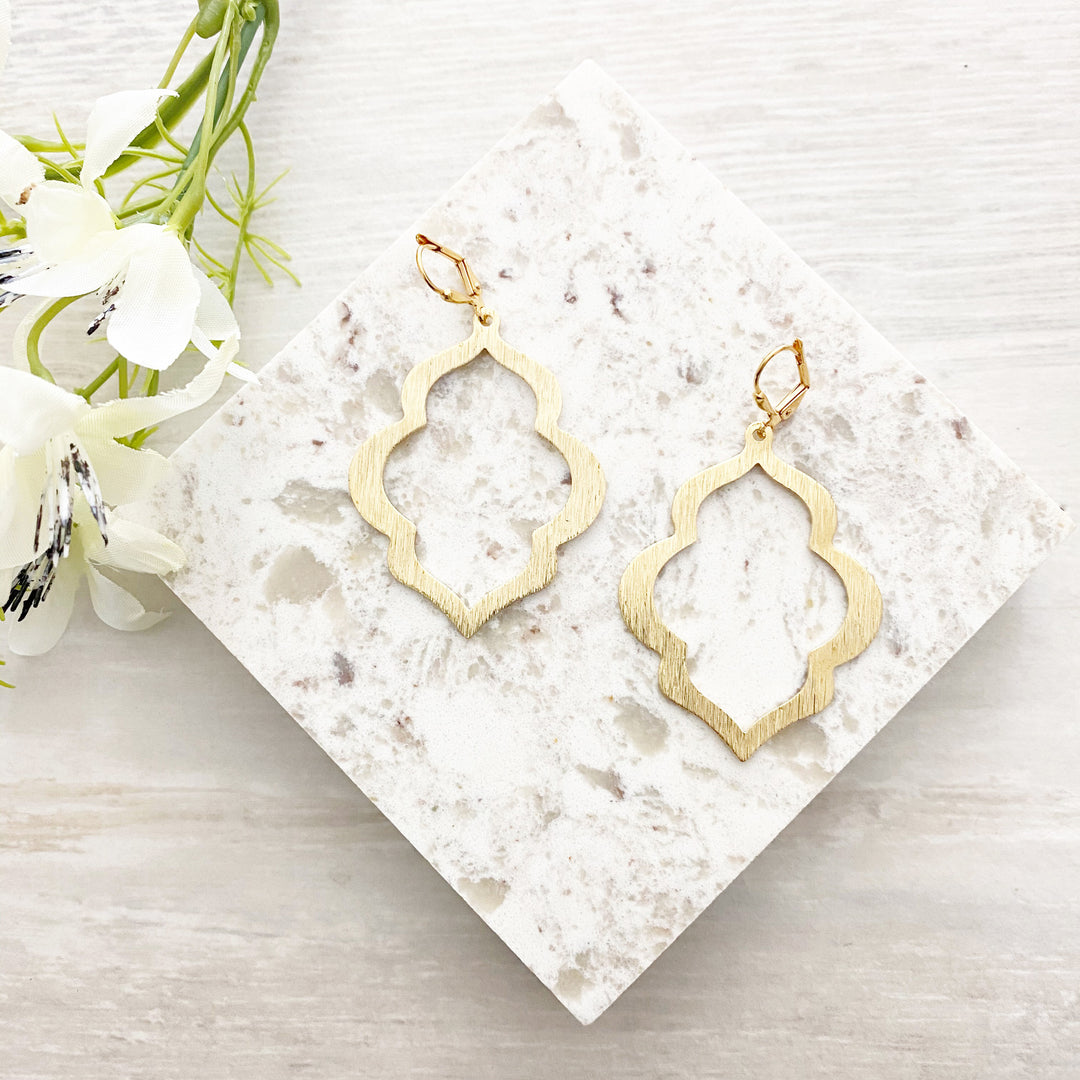 Geometric Quatrefoil Brushed Brass Statement Earrings in Gold