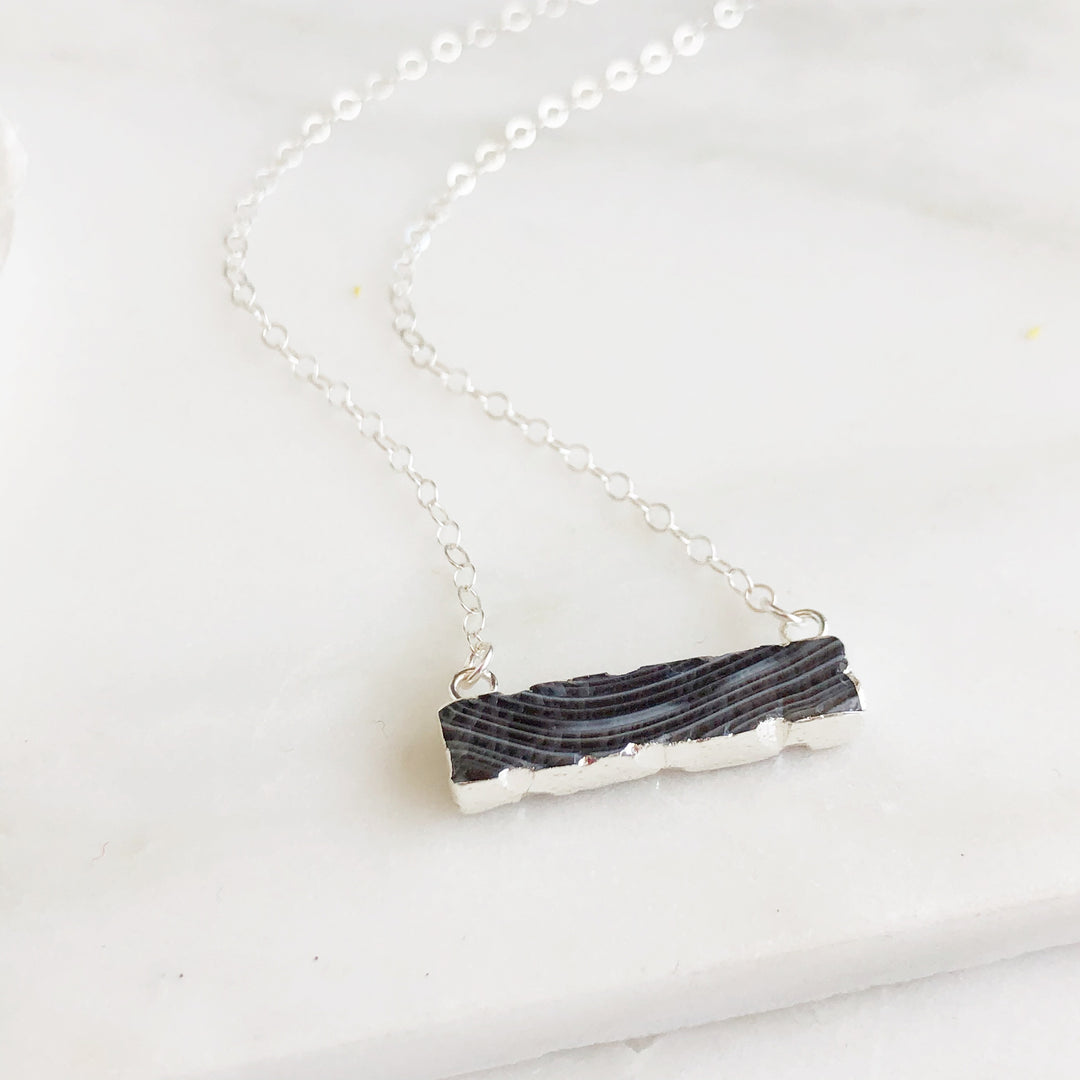 Grey Agate Bar Necklace in Sterling Silver. Black White Swirl Stone in Silver. Silver Bar Necklace.