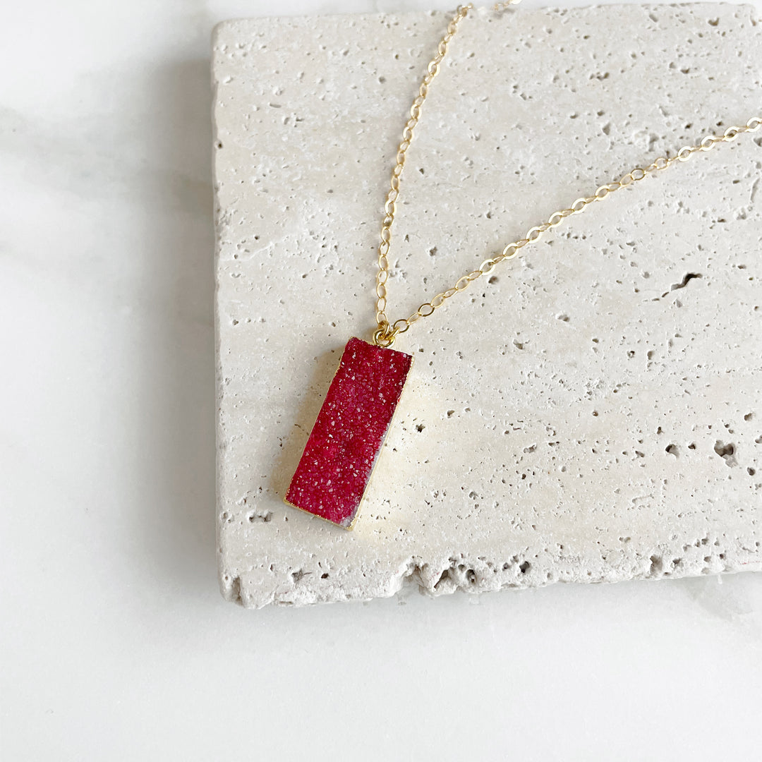 Ruby Red Druzy Necklace in Gold