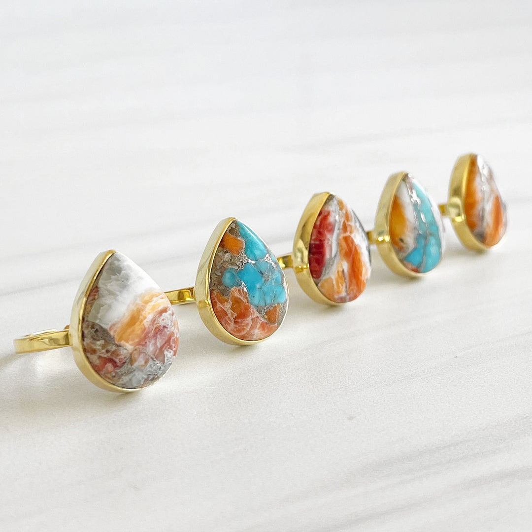 Oyster Turquoise Gemstone Teardrop Statement Ring in Gold