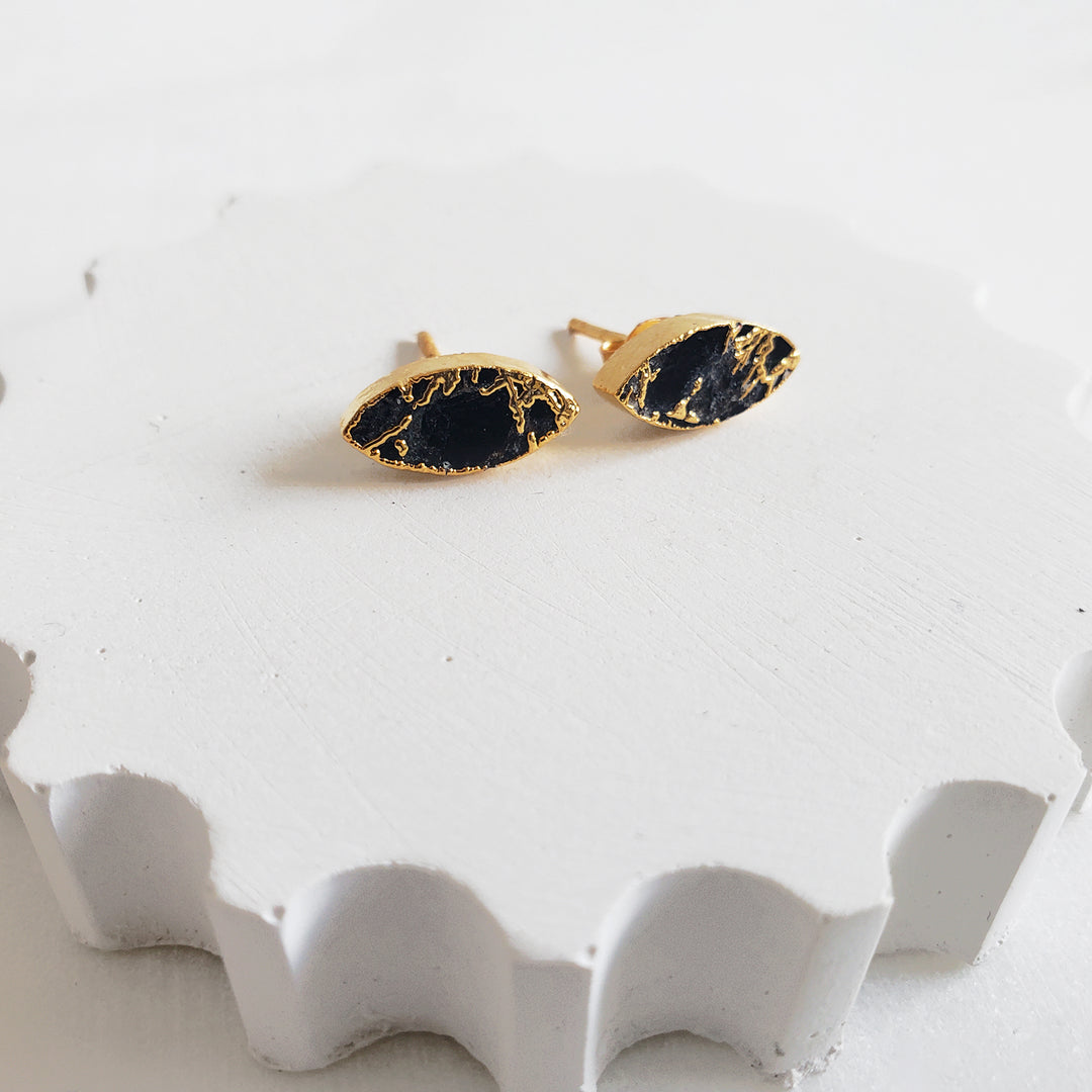 Marquise Stud Earrings. Black Mojave Stud Earrings in Gold