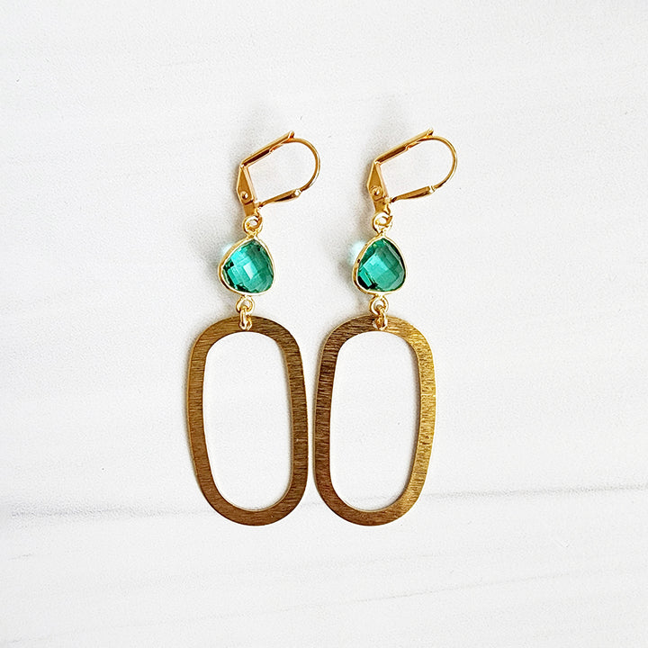 Colored Stone Open Oval Dangle Earrings with Brushed Brass Gold