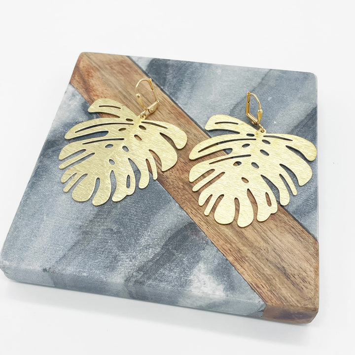 Monstera Dangle Statement Earrings in Brushed Brass Gold
