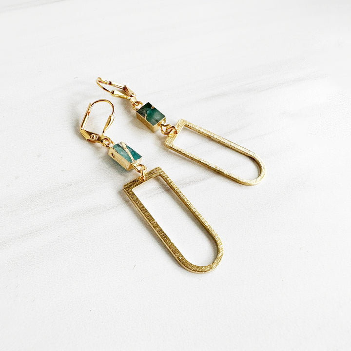 Teal Mojave and Horseshoe Dangle Earrings in Brushed Brass Gold
