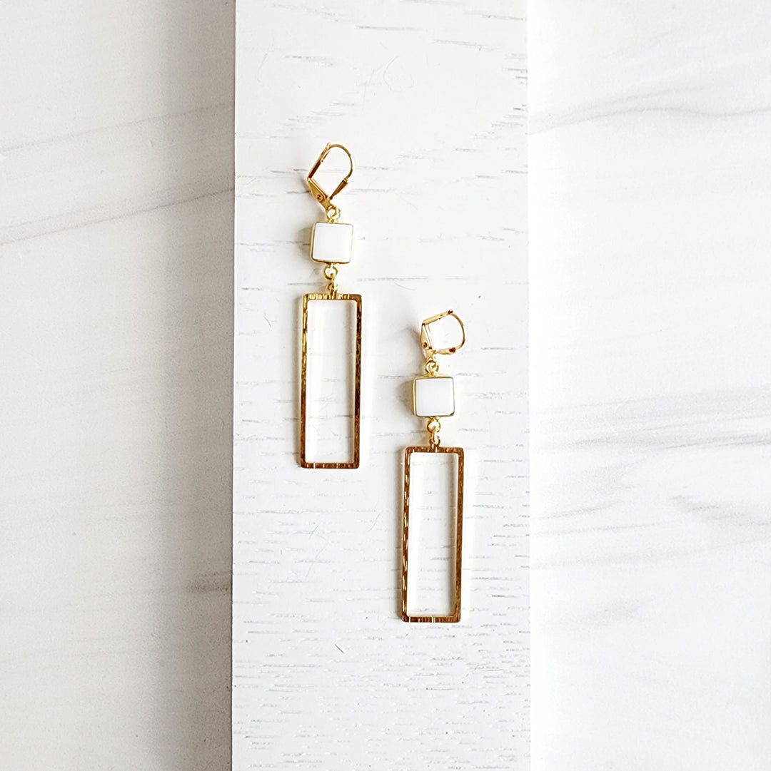 White Agate Open Rectangle Earrings in Brushed Brass Gold