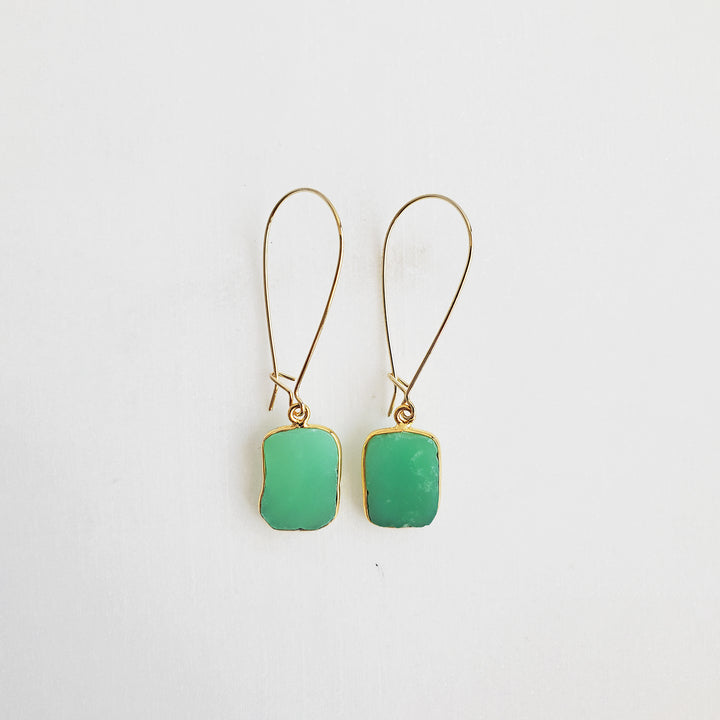 Freeform Chrysoprase Gemstone Slice Drop Earrings in Gold