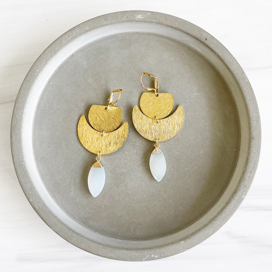 White Druzy Crescents Statement Earrings in Brushed Brass Gold