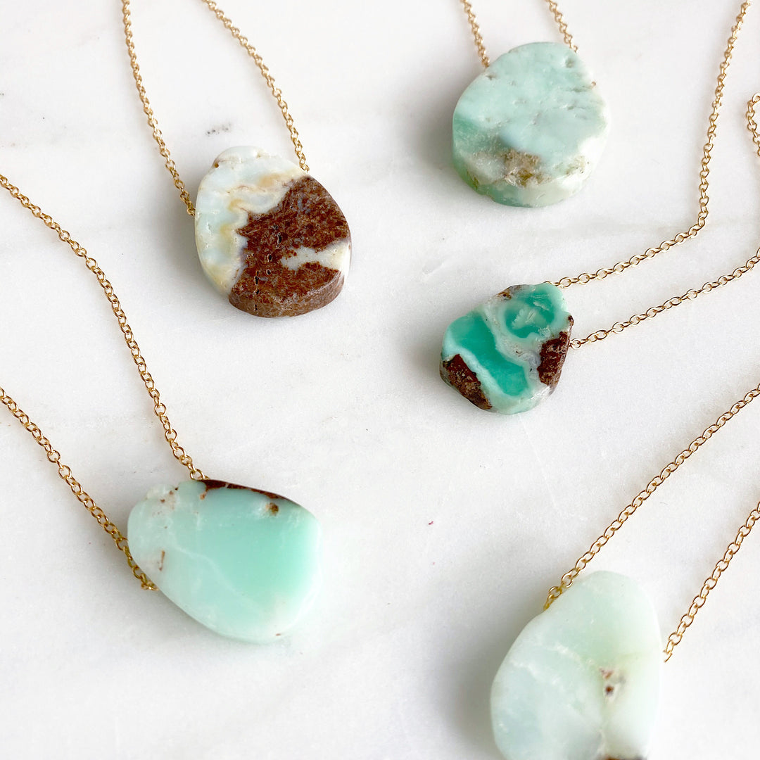Floating Stone Necklace in Gold. Chrysoprase Stone Necklace. Australian Jade Necklace