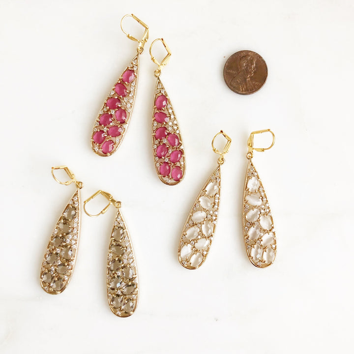 Long Teardrop Earrings. Fun Cubic Zirconia Earrings. Gold Dangle Earrings. Grey White and Ruby Pink.
