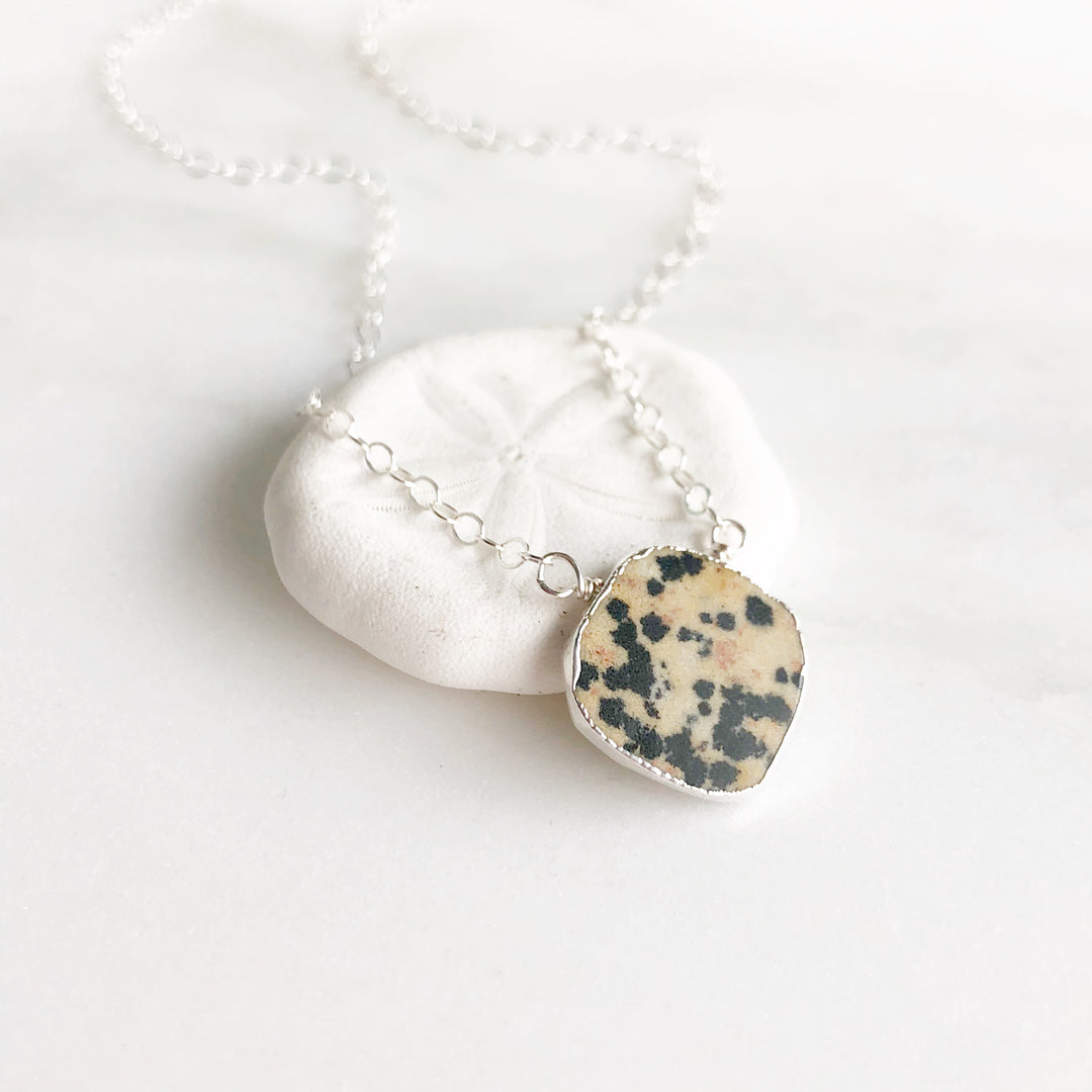 Dalmation Jasper Gemstone Slice Pendant Necklace in Silver. Layering Stone Necklace. Holiday Gift