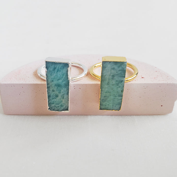 Amazonite Rectangle Bar Statement Ring in Gold and Silver