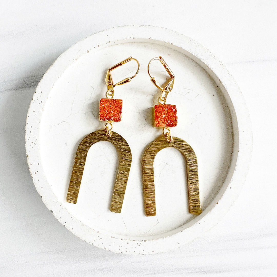 Orange Druzy and Horseshoe Dangle Earrings in Brushed Brass Gold