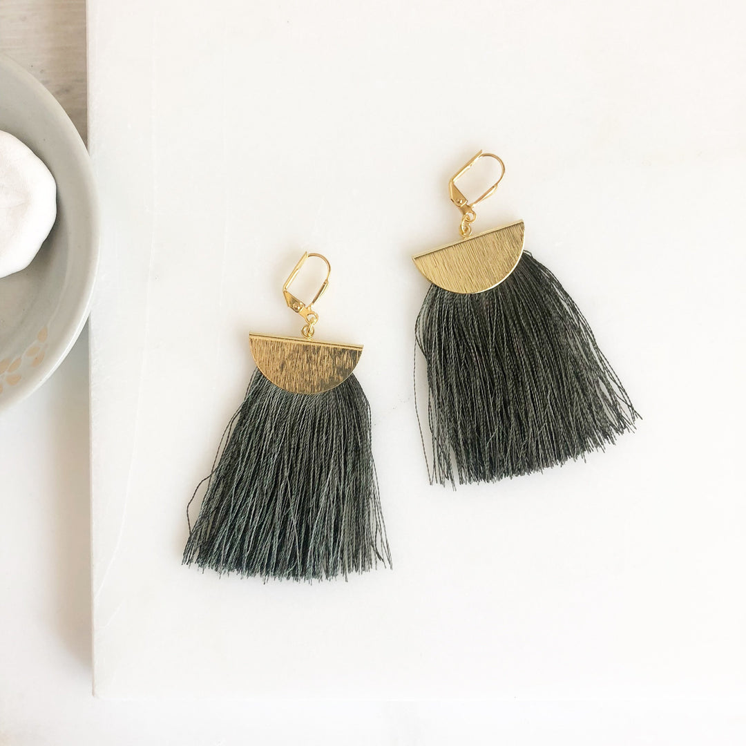 Grey Green Tassel Statement Earrings in Gold