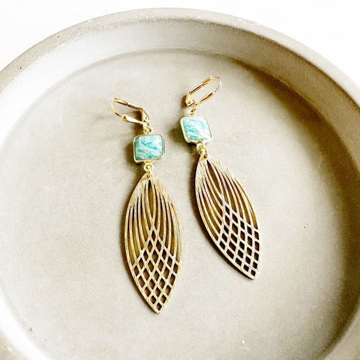 Amazonite and Patterned Marquis Statement Earrings in Brushed Brass