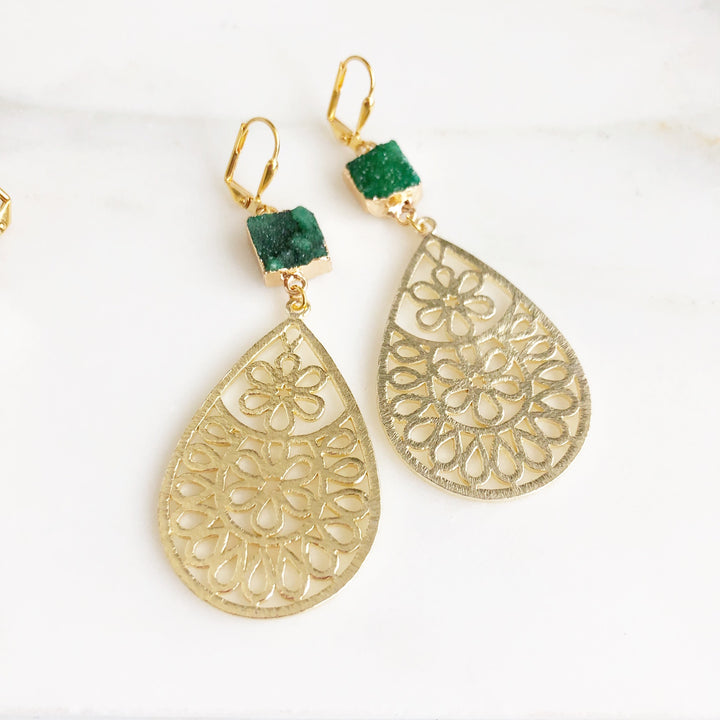 Gold Druzy Teardrop Statement Earrings. Red and Green Floral Dangle Earrings. Bold Modern Earrings.