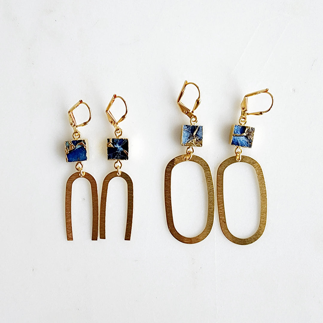 Square Sapphire Mojave Horseshoe Statement Earrings in Brushed Brass Gold