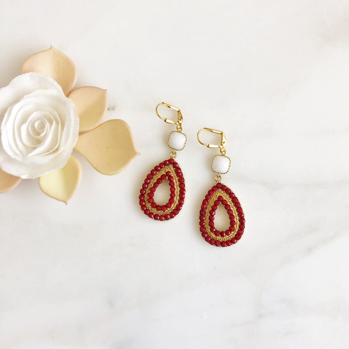 Wine Red and White Statement Earrings in Gold. Burgandy Statement Earrings. Chandelier Earrings.