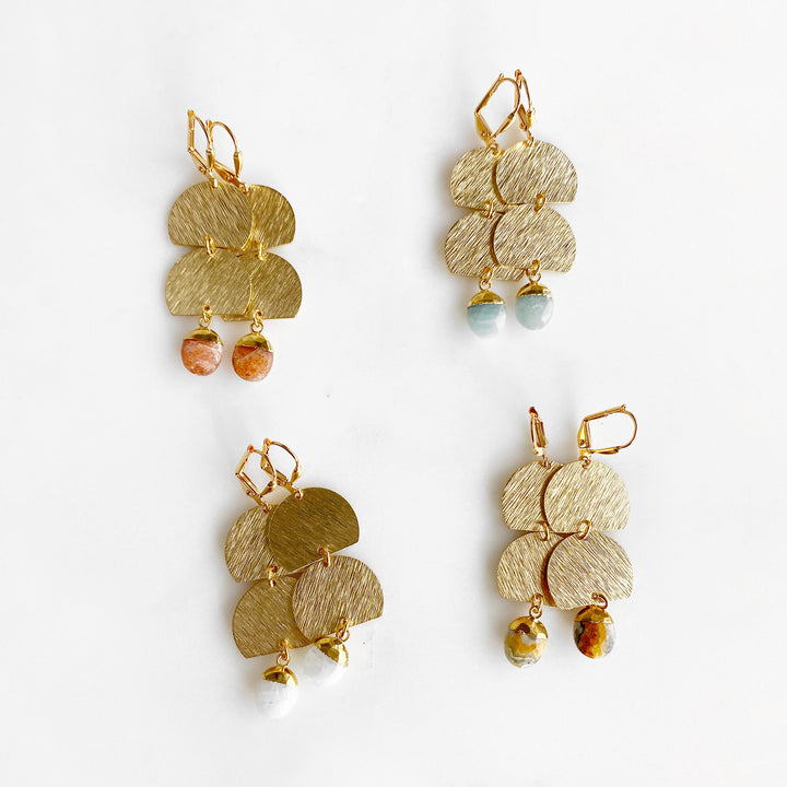 Gemstone Geometric Dangle Earrings in Brushed Brass Gold